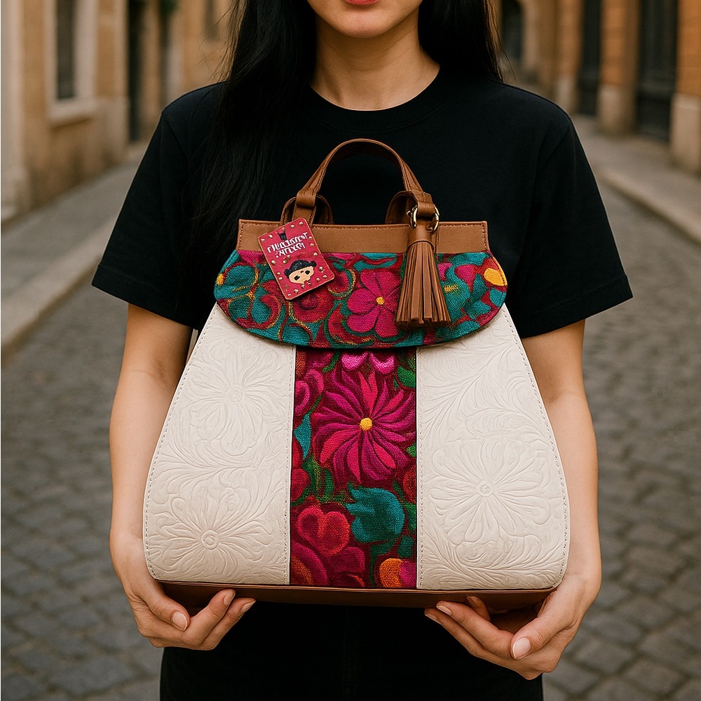 White Vegan Backpack, White backpack, Embroidered Backpack, Floral Backpack